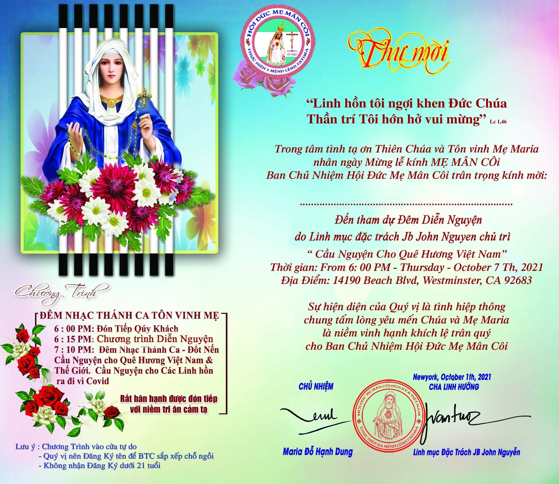 THƯ MỜI THAM DỰ ĐÊM DIỄN NGUYỆN NHẠC THÁNH CA TẠI CALIFORNIA